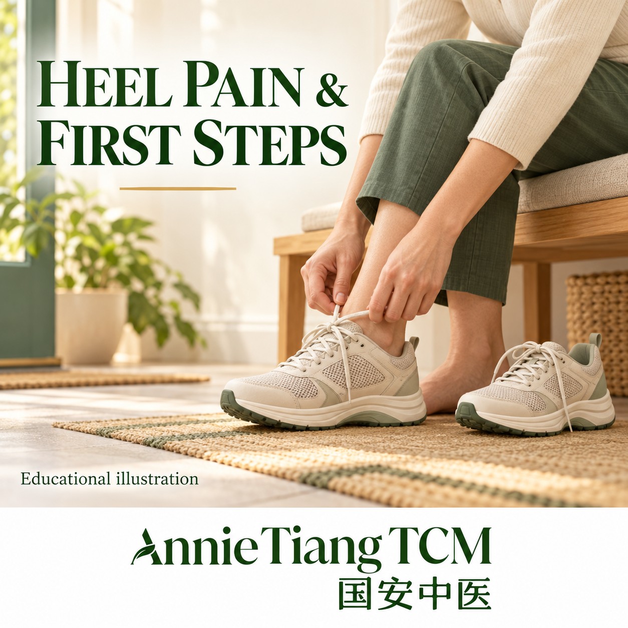 AI-generated educational illustration of an anonymous adult putting on walking shoes, with the Annie Tiang TCM logo.