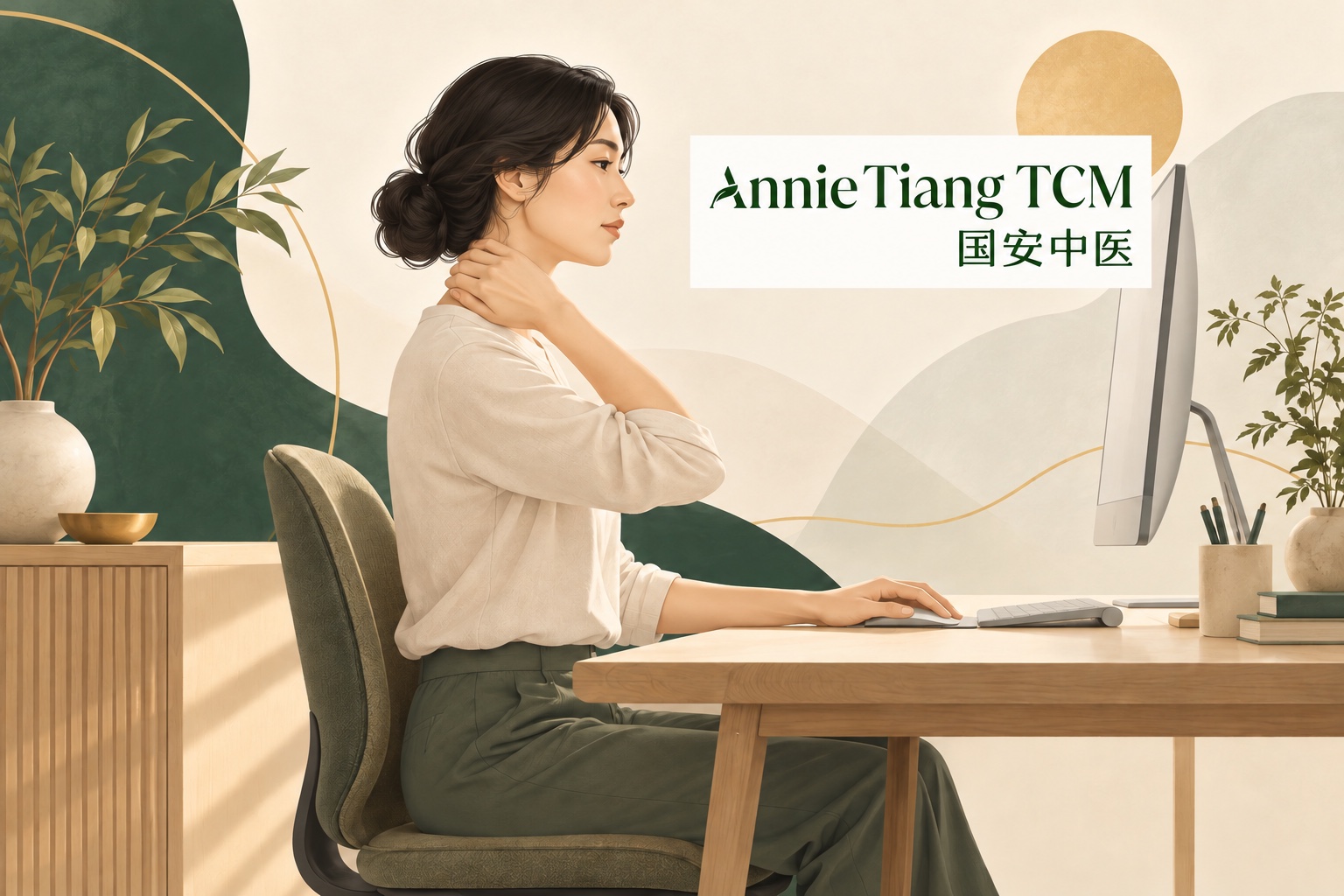 Illustration of an office worker resting a hand on the neck, with the Annie Tiang TCM logo.